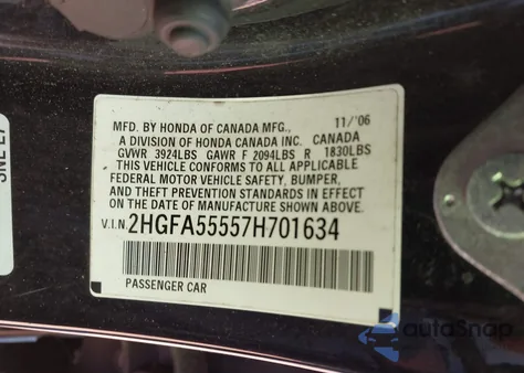 2007 Honda Civic Si z USA, uszkodzony, nr VIN 2HGFA55557H701634